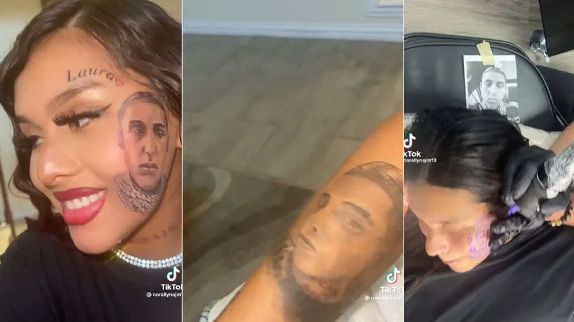 “This is crazy” – Reactions as lady draws tattoo of her cheating baby daddy on her face and arm (Video)