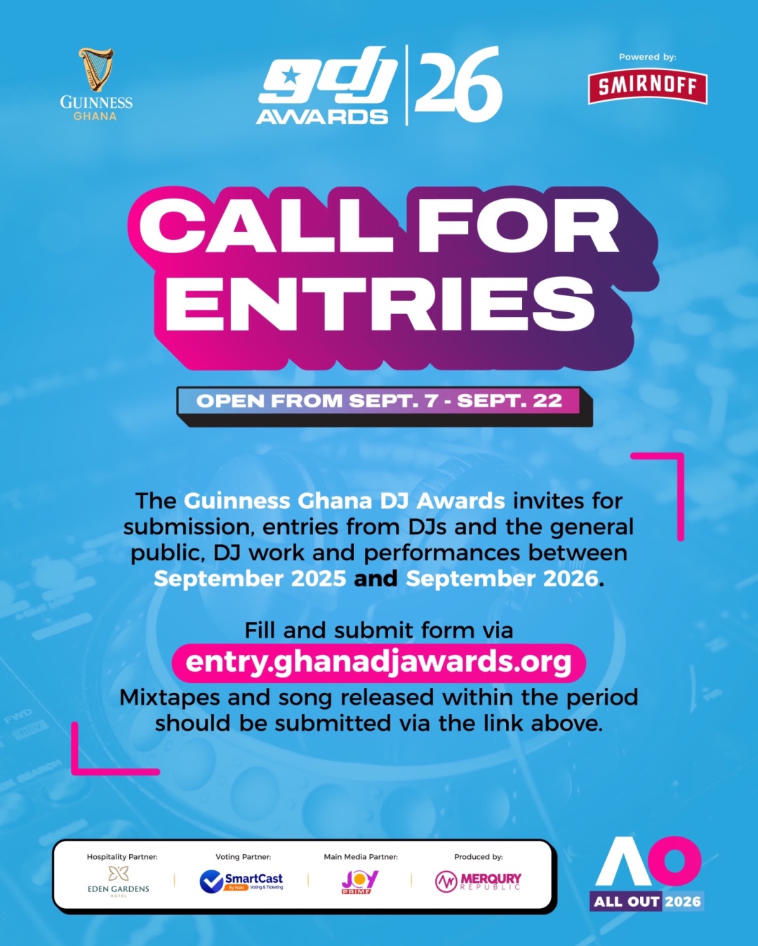 Guinness Ghana DJ Awards 2026 powered by Smirnoff Opens Public Nominations